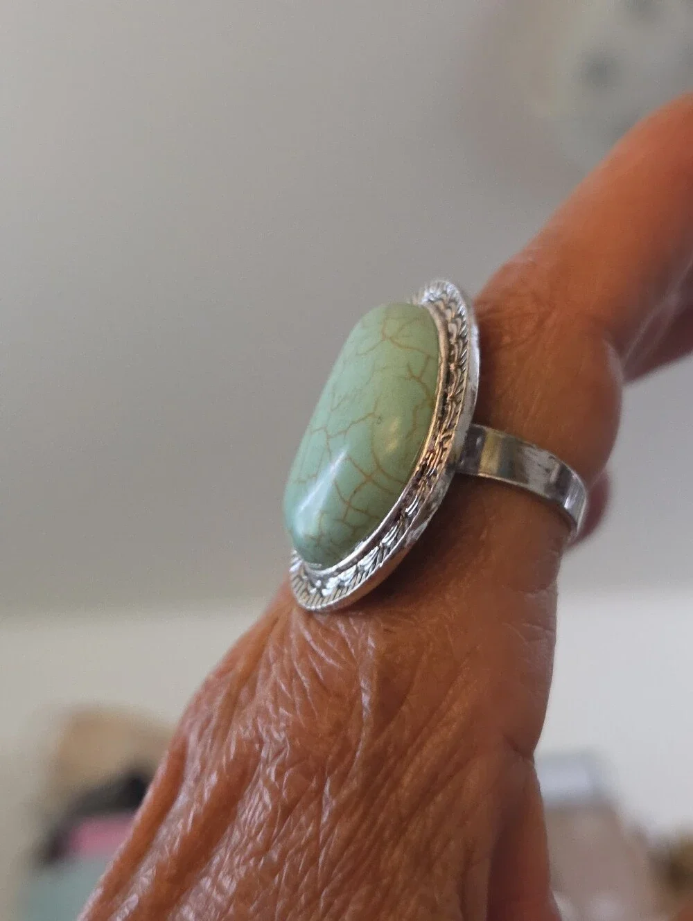 Artisan Faux Turquoise Silver Marbled Ring Size 9 Adjustable Statement Ring